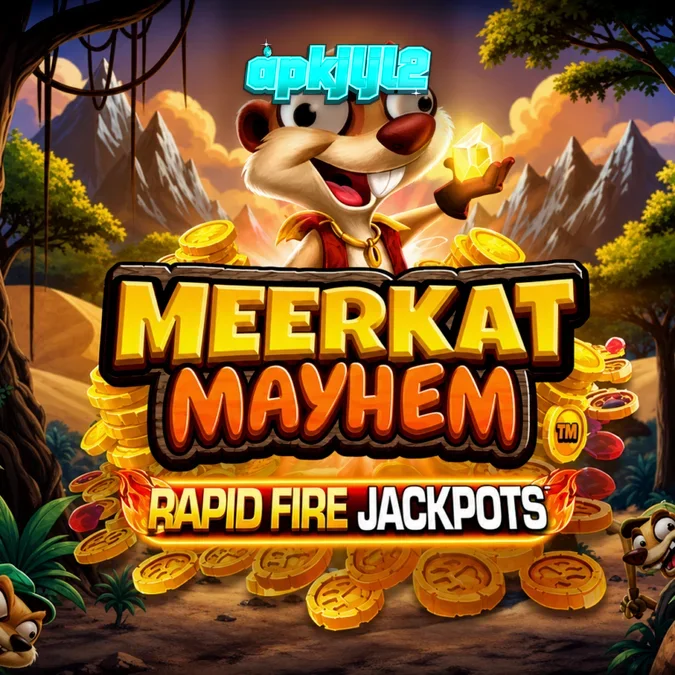 Tampilan visual karakter meerkat dalam slot Meerkat Mayhem dengan latar belakang gurun yang cerah
